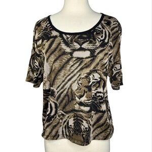 Y2k Sheer Mesh Tiger Shirt Short Sleeve L-XL  Indie Maximalist Party Grunge